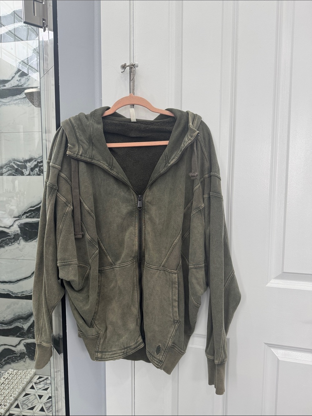 Free People Olive Green Washed Zip-Up Hoodie